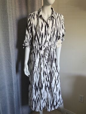 NWT Harlow & Rose Semi-Sheer Black & White Midi Shirt Dress w Cinch Waist Tie